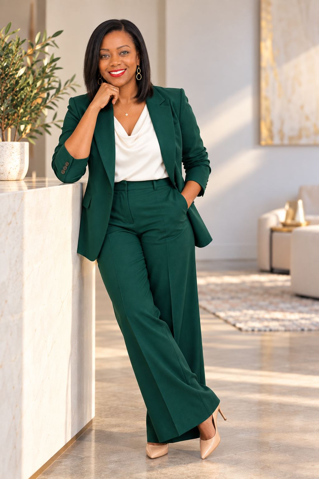 Hyacinth Harley in a dark green suit